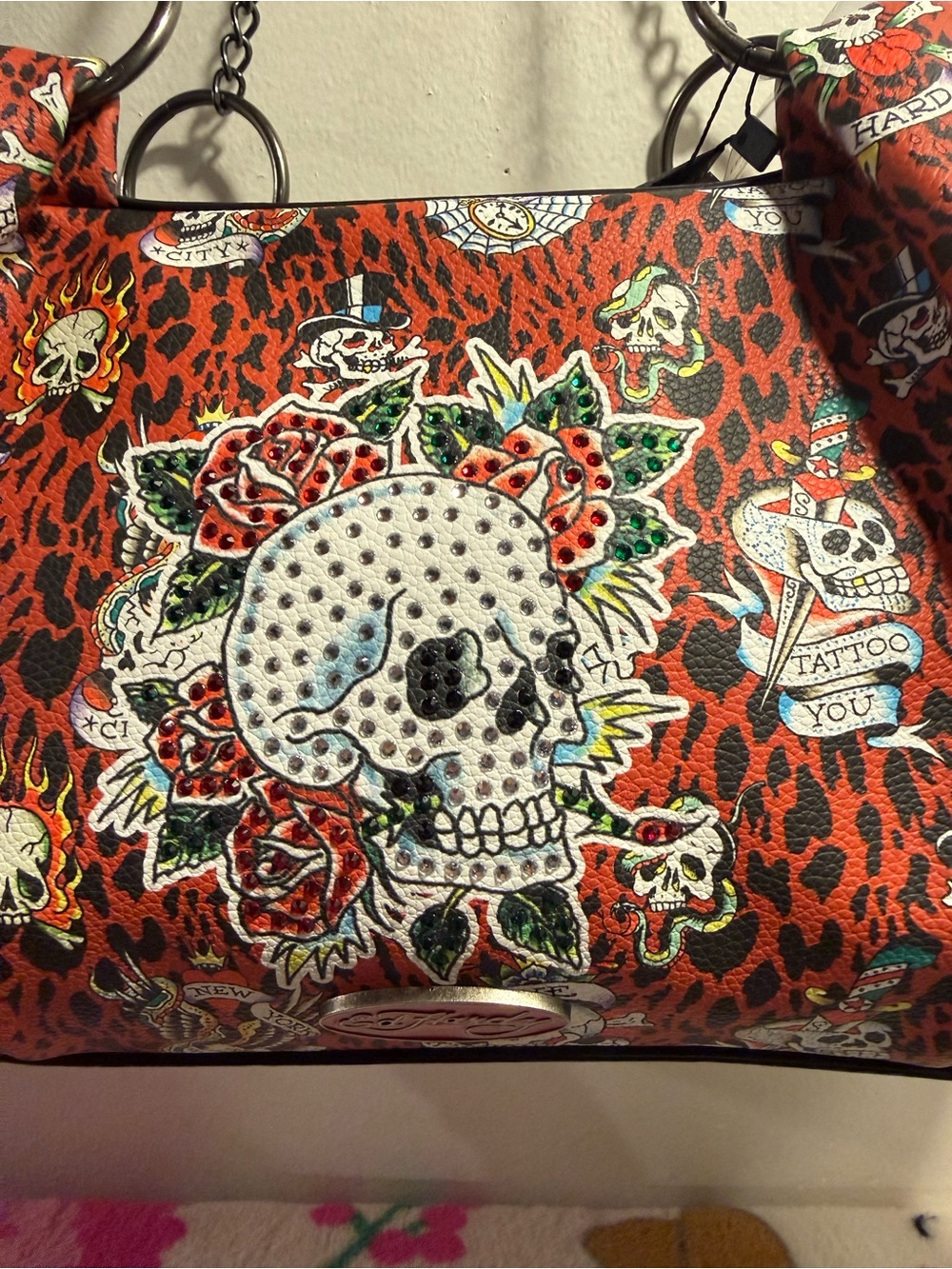 Ed Hardy Tote Skull cheetah print with 5 gothic charms BNWT - Picture 2 of 8
